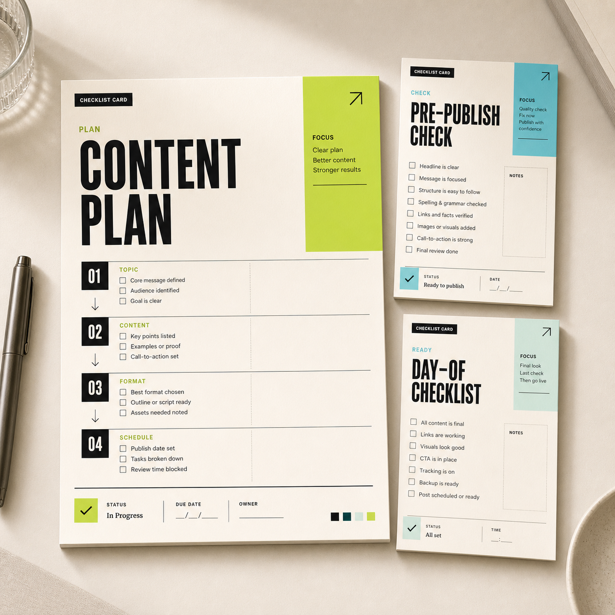 Checklist information card mockup with planning and pre-publish cards.
