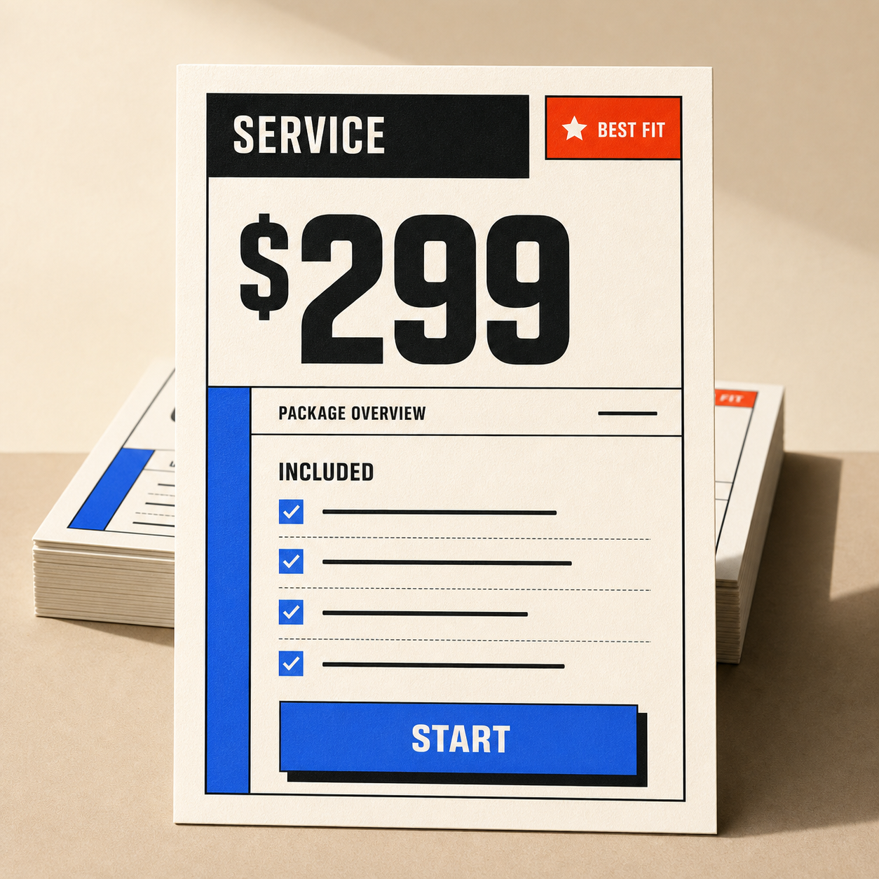 Service pricing card mockup with large price, included items, badge, and strong call-to-action.