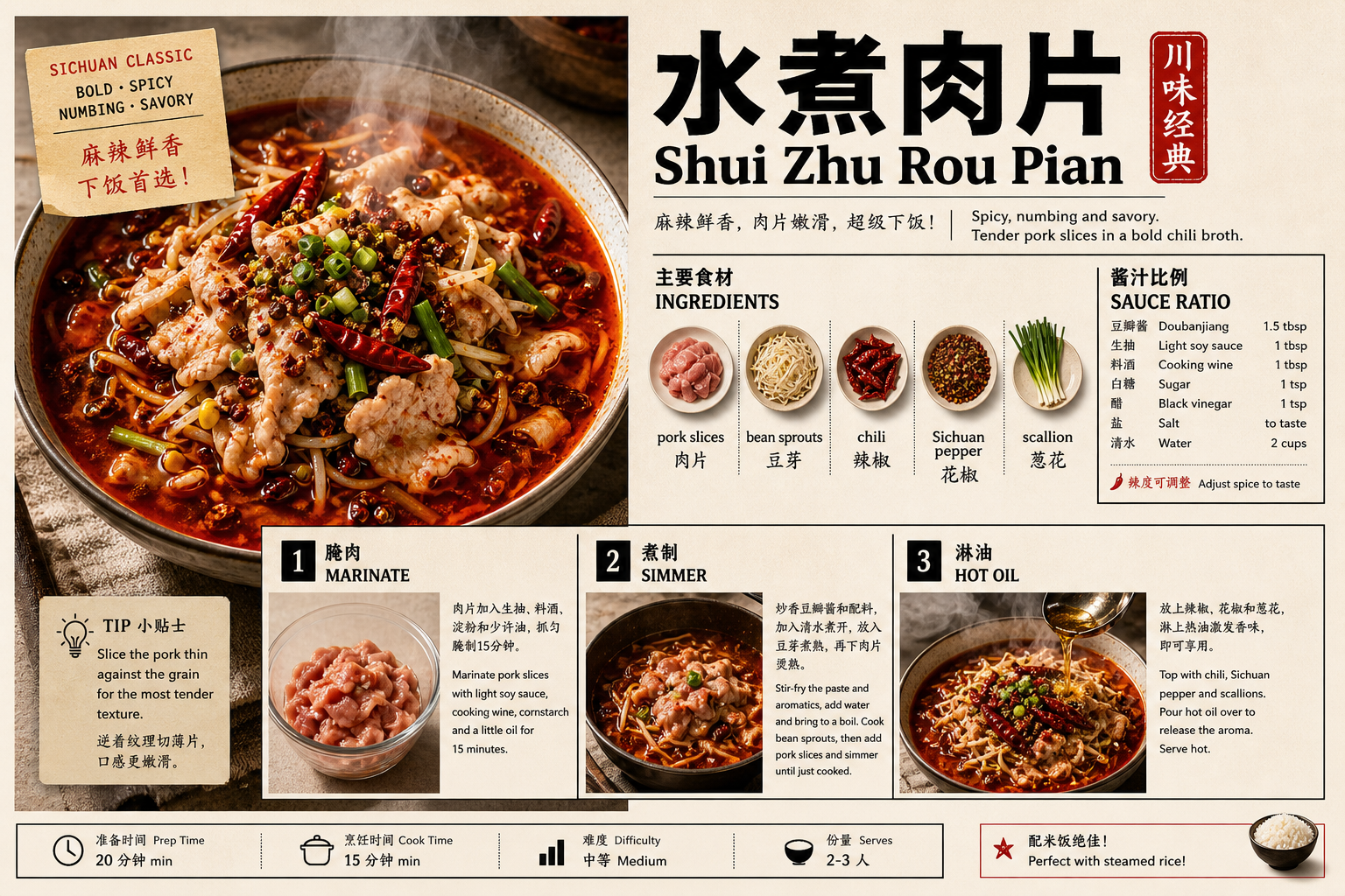 Bilingual recipe moodboard for Shui Zhu Rou Pian with red chili broth, pork slices, ingredients, and steps.