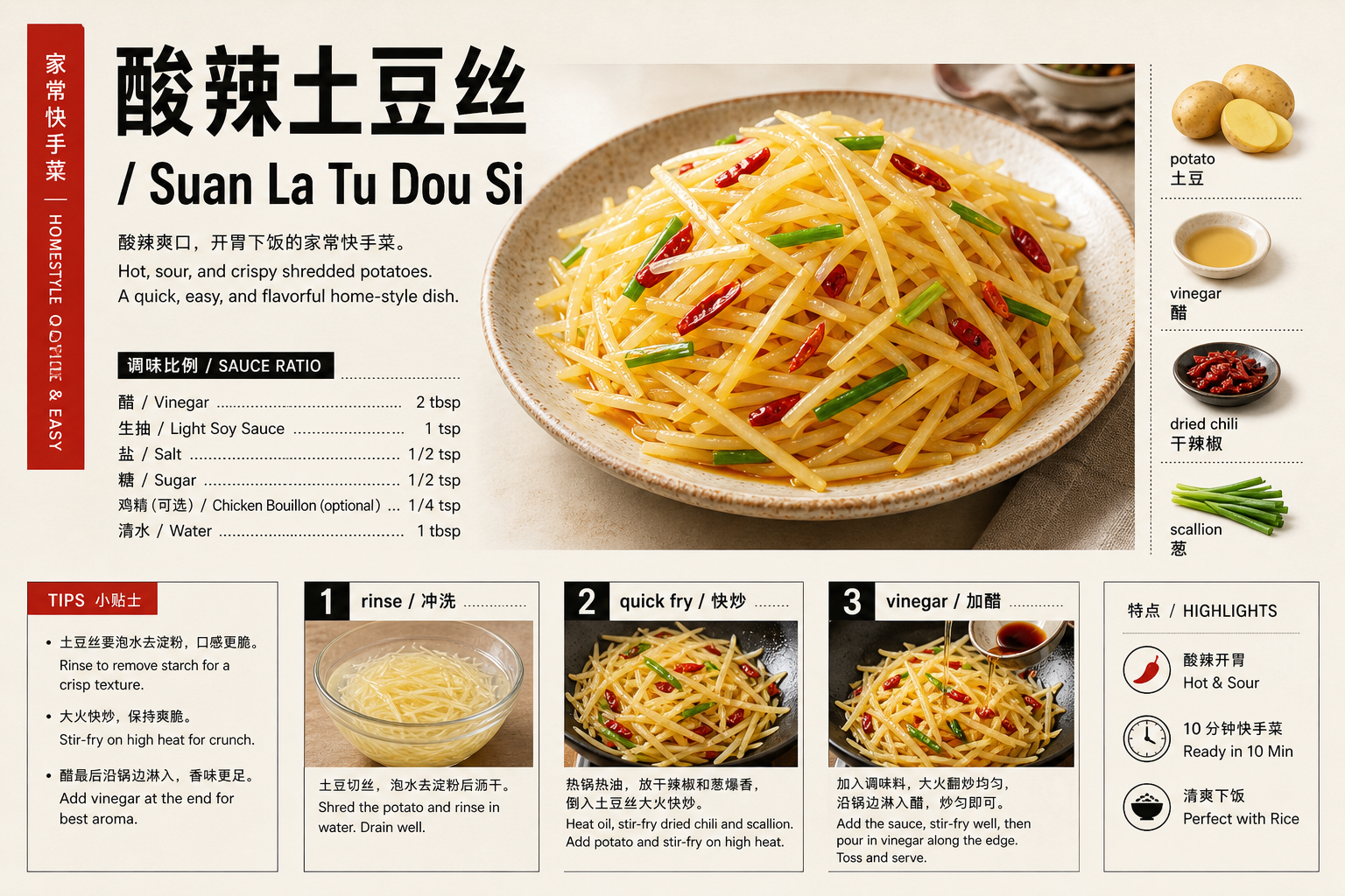 Bilingual recipe moodboard for hot and sour shredded potatoes with plated dish, ingredients, and step cards.