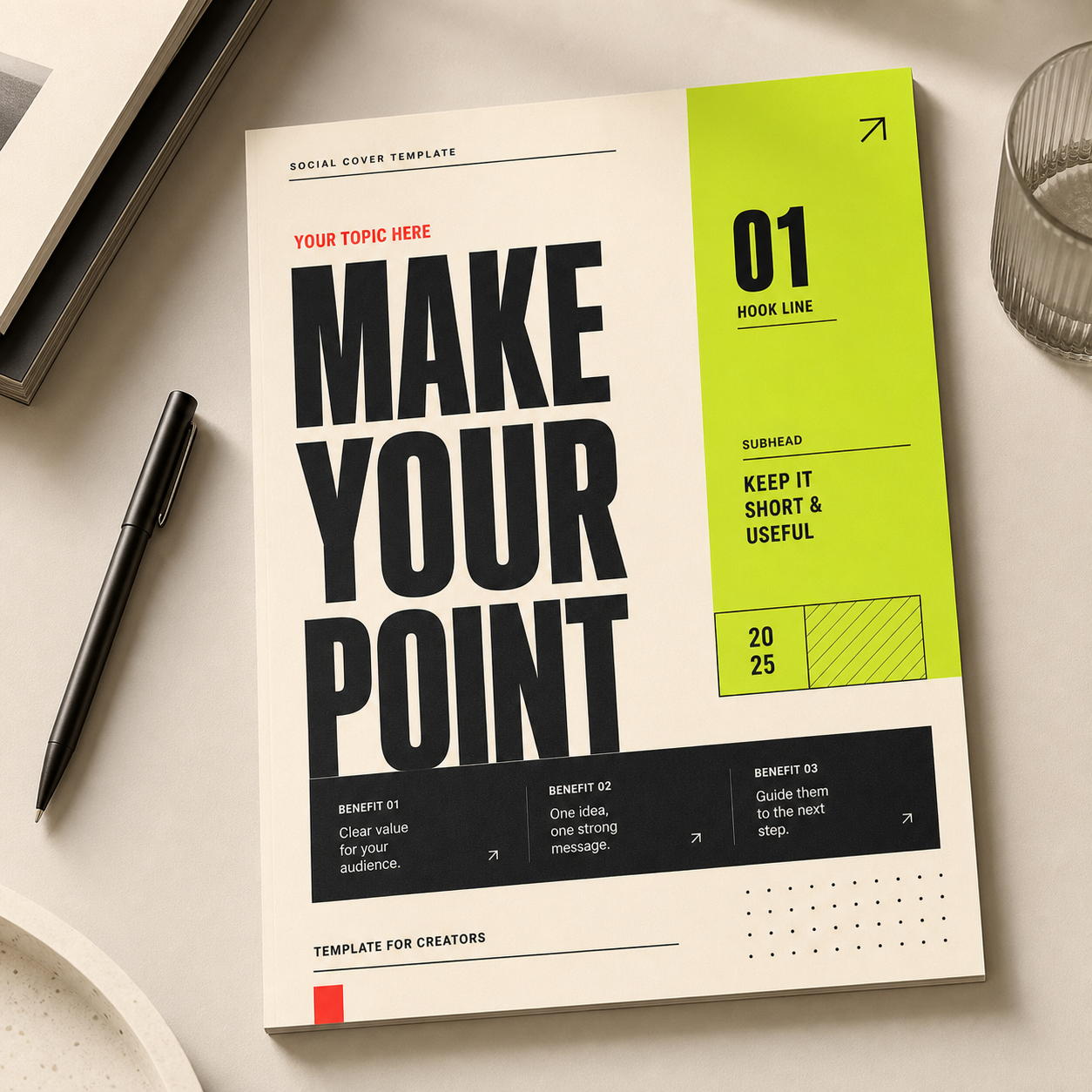 Printed social cover template mockup with bold black type and lime accent panel.