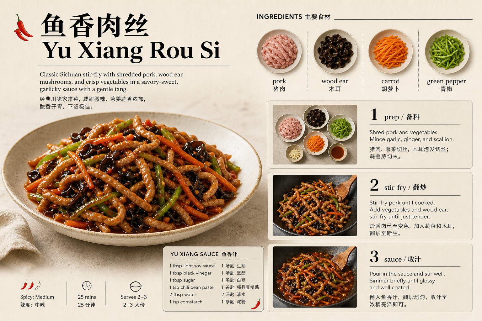 Bilingual recipe moodboard for Yu Xiang Rou Si with plated shredded pork, ingredients, and step cards.